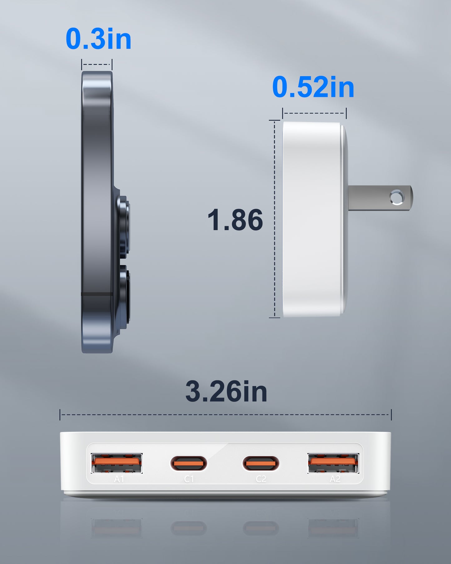 Flat USB Wall Charger, 4 USB-A Ports, Foldable Plug for Home & Travel
