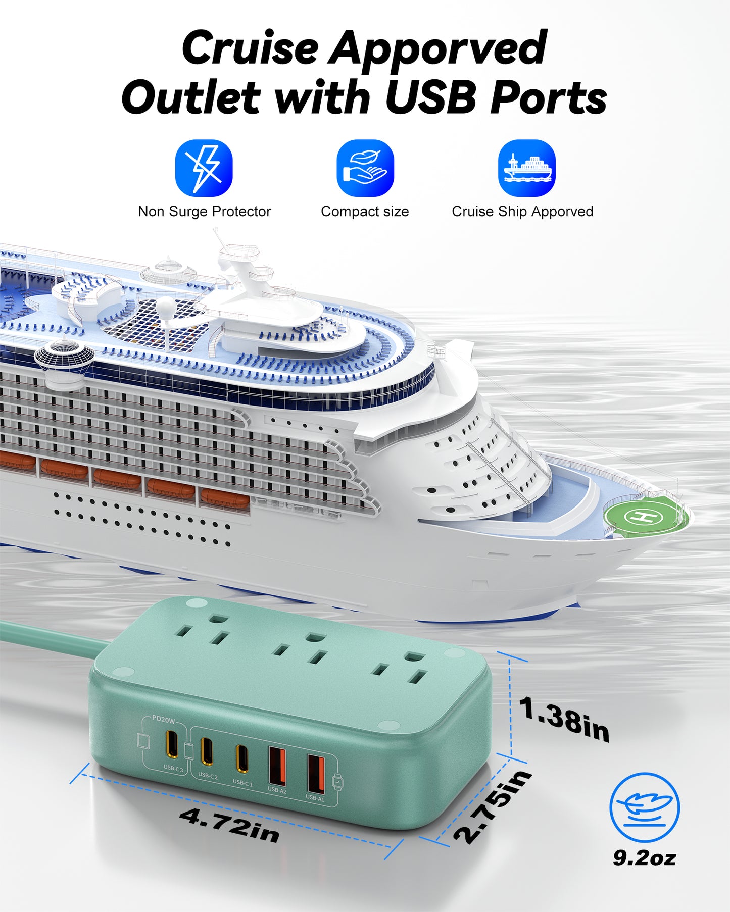 3 Outlet Power Strip with 3 USB-C and 6 USB-A Ports 1.5m Cable ABS Safety Design for Home