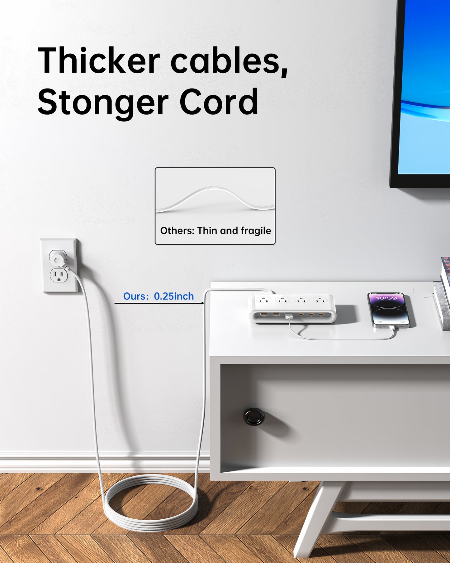 Power Strip with USB C 35W,10-in-1 Flat Plug Wall Charger - 5FT Extension Cord with 4AC, 3 USB A & 3 USB C - PD20W Charging Station for Multiple Devices - Travel Home Office