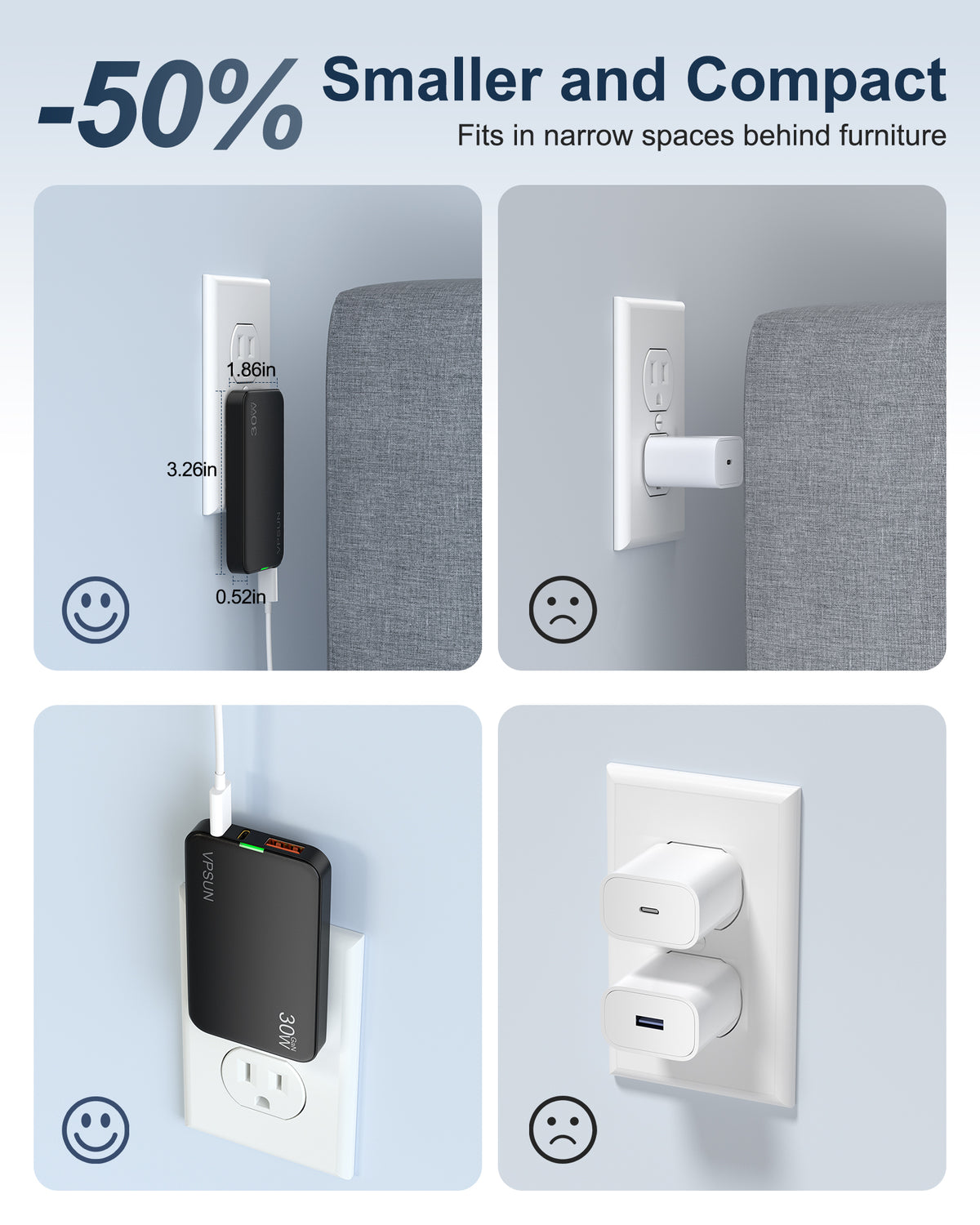 VPSUN Flat USB Wall Charger Block 30W - 3 Port PD20W Foldable USB Charging Charger