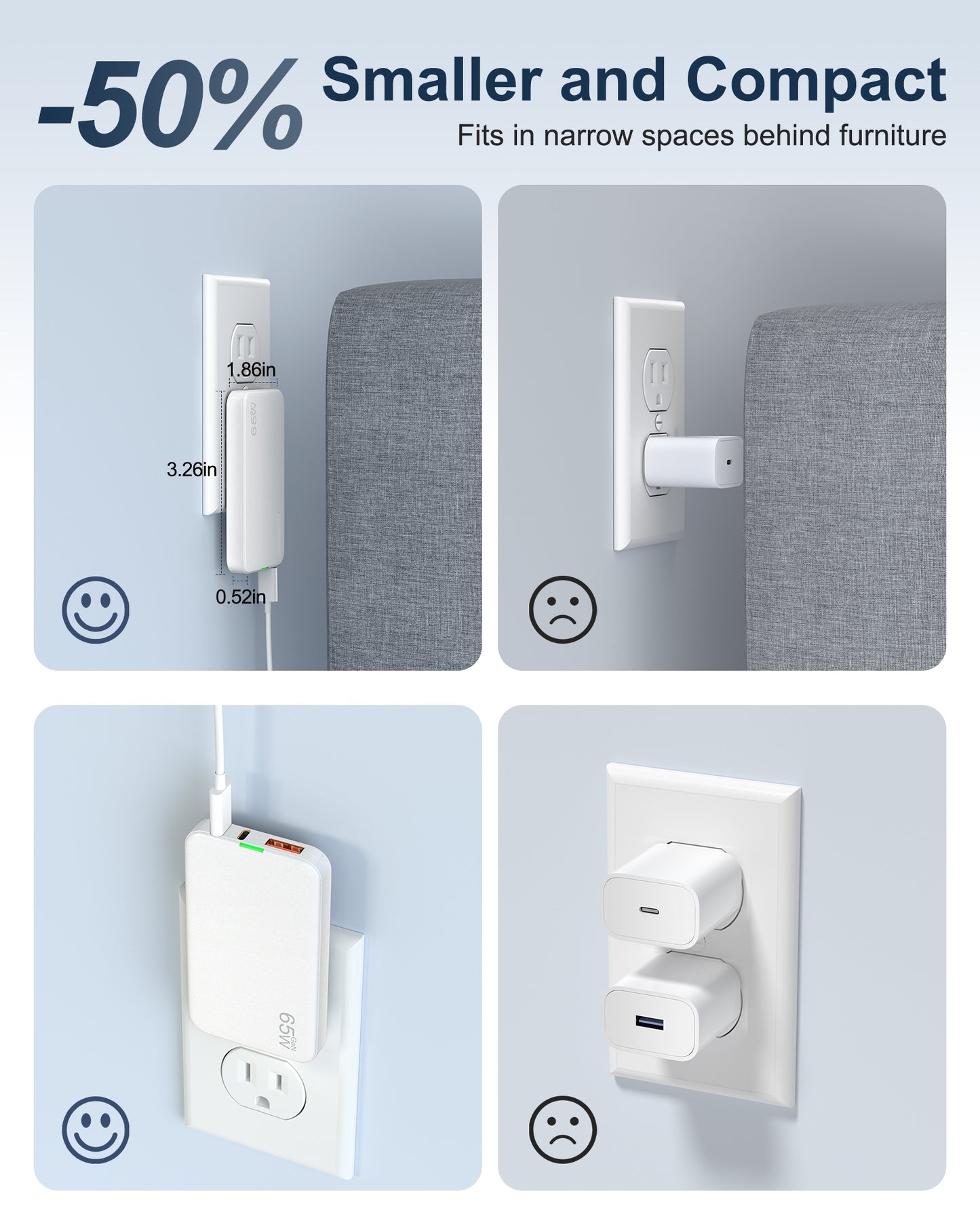 VPSUN 65W GaN Flat USB Wall Charger Block - 3 Port Foldable USB Charging Charger