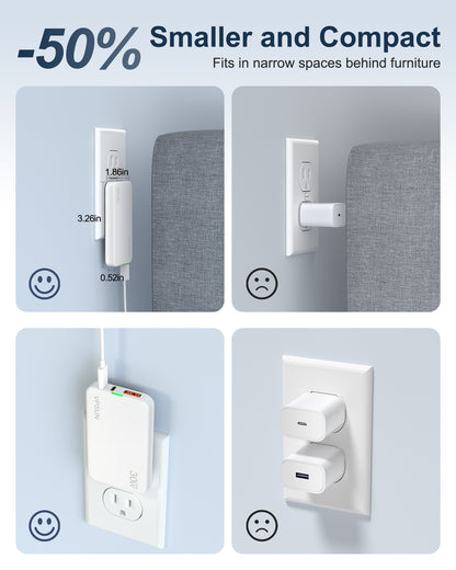 VPSUN Flat USB Wall Charger Block 30W - 3 Port PD20W Foldable USB Charging Charger