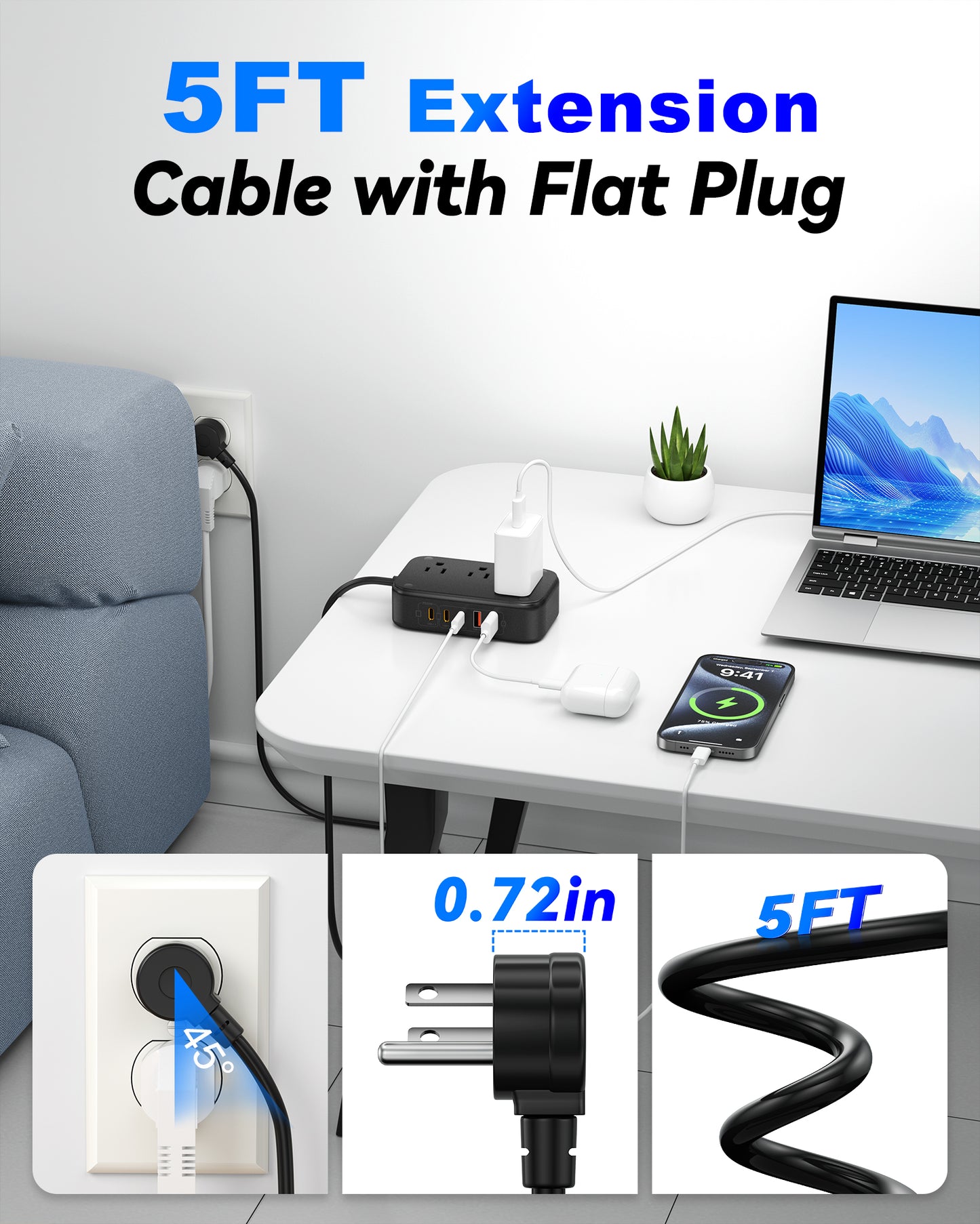 3 Outlet Power Strip with 3 USB-C and 6 USB-A Ports 1.5m Cable ABS Safety Design for Home
