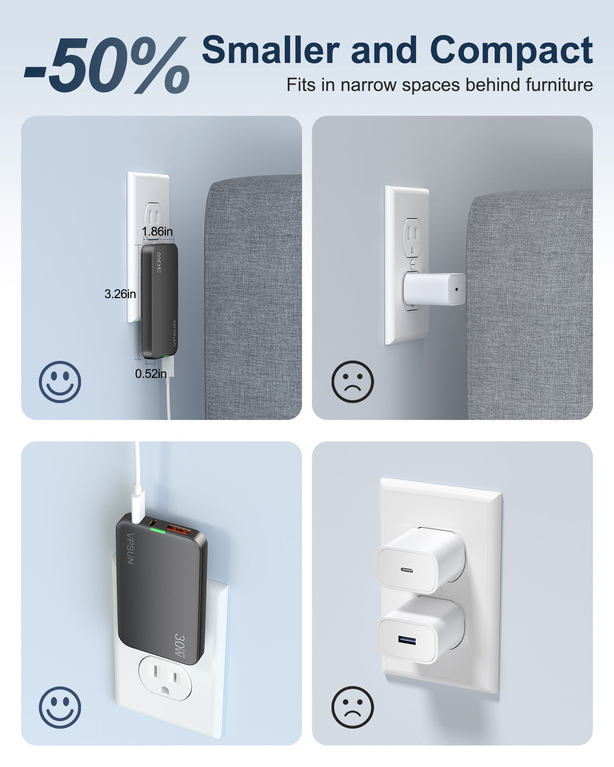 VPSUN Flat USB Wall Charger Block 30W - 3 Port PD20W Foldable USB Charging Charger