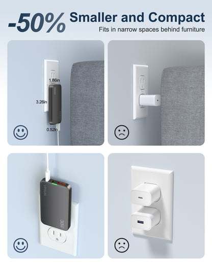 VPSUN Flat USB Wall Charger Block 30W - 3 Port PD20W Foldable USB Charging Charger