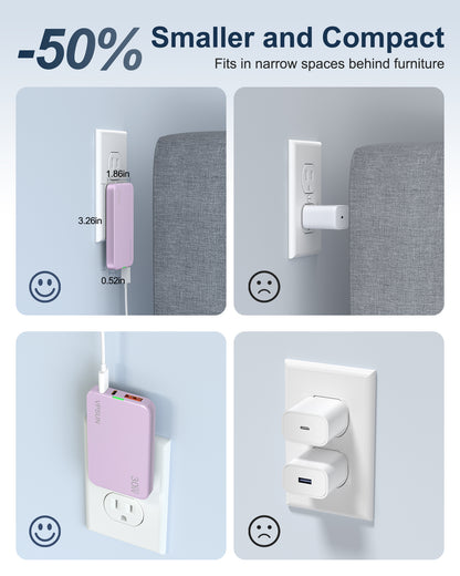 VPSUN Flat USB Wall Charger Block 30W - 3 Port PD20W Foldable USB Charging Charger