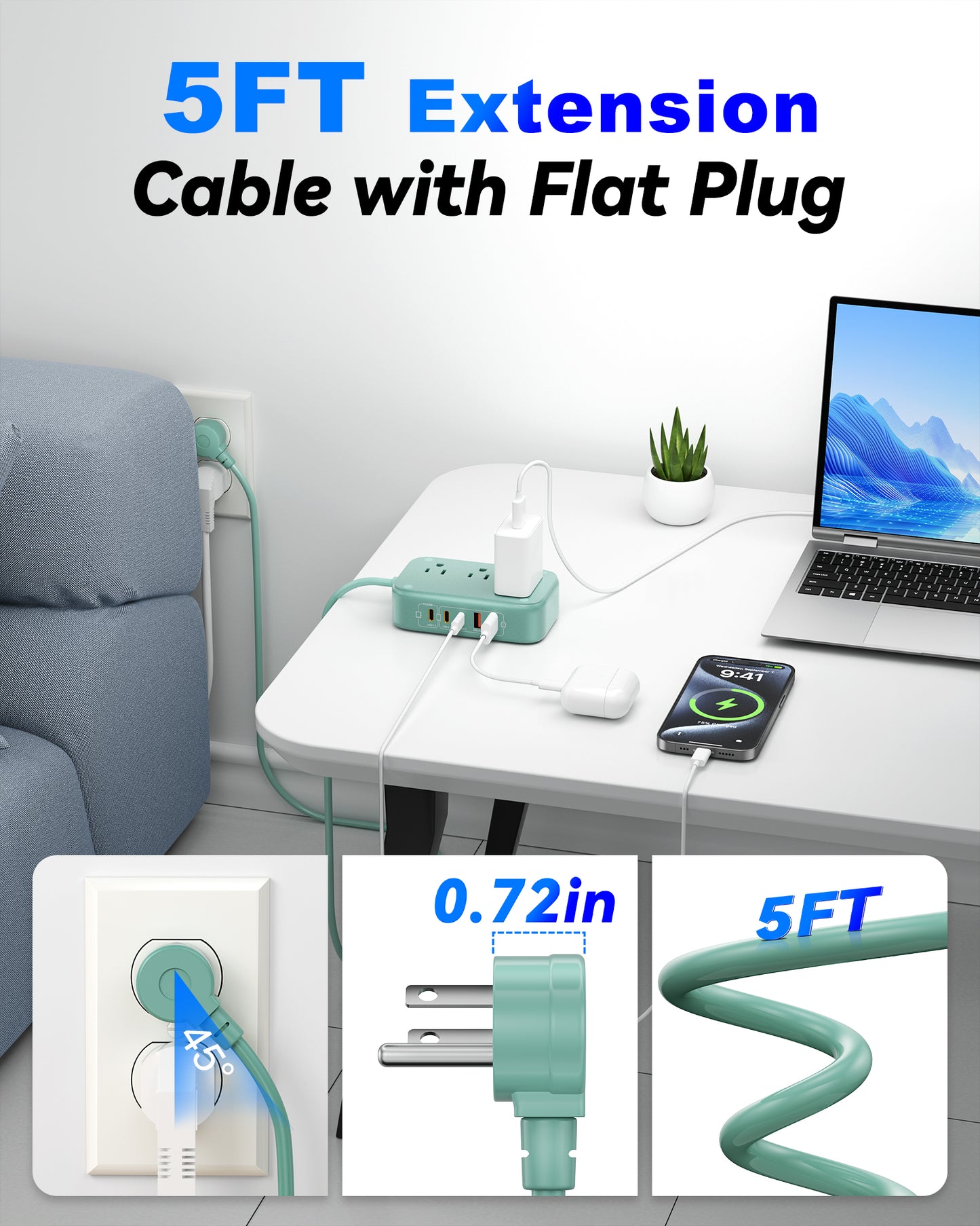 3 Outlet Power Strip with 3 USB-C and 6 USB-A Ports 1.5m Cable ABS Safety Design for Home