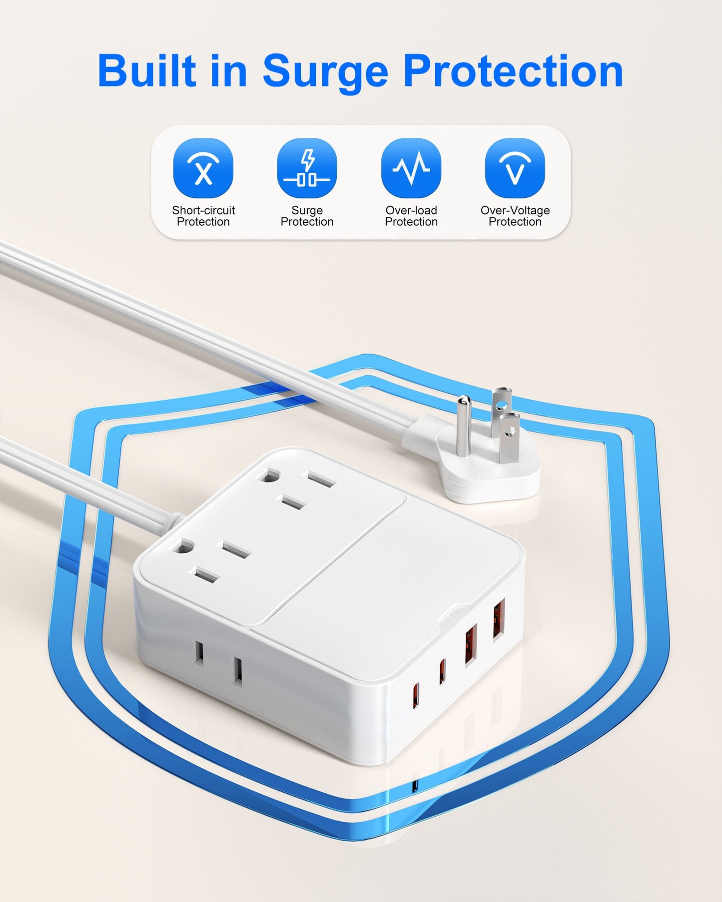 Flat Plug Power Strip with USB Ports-4 AC&4 USB Ports, Extension Cord