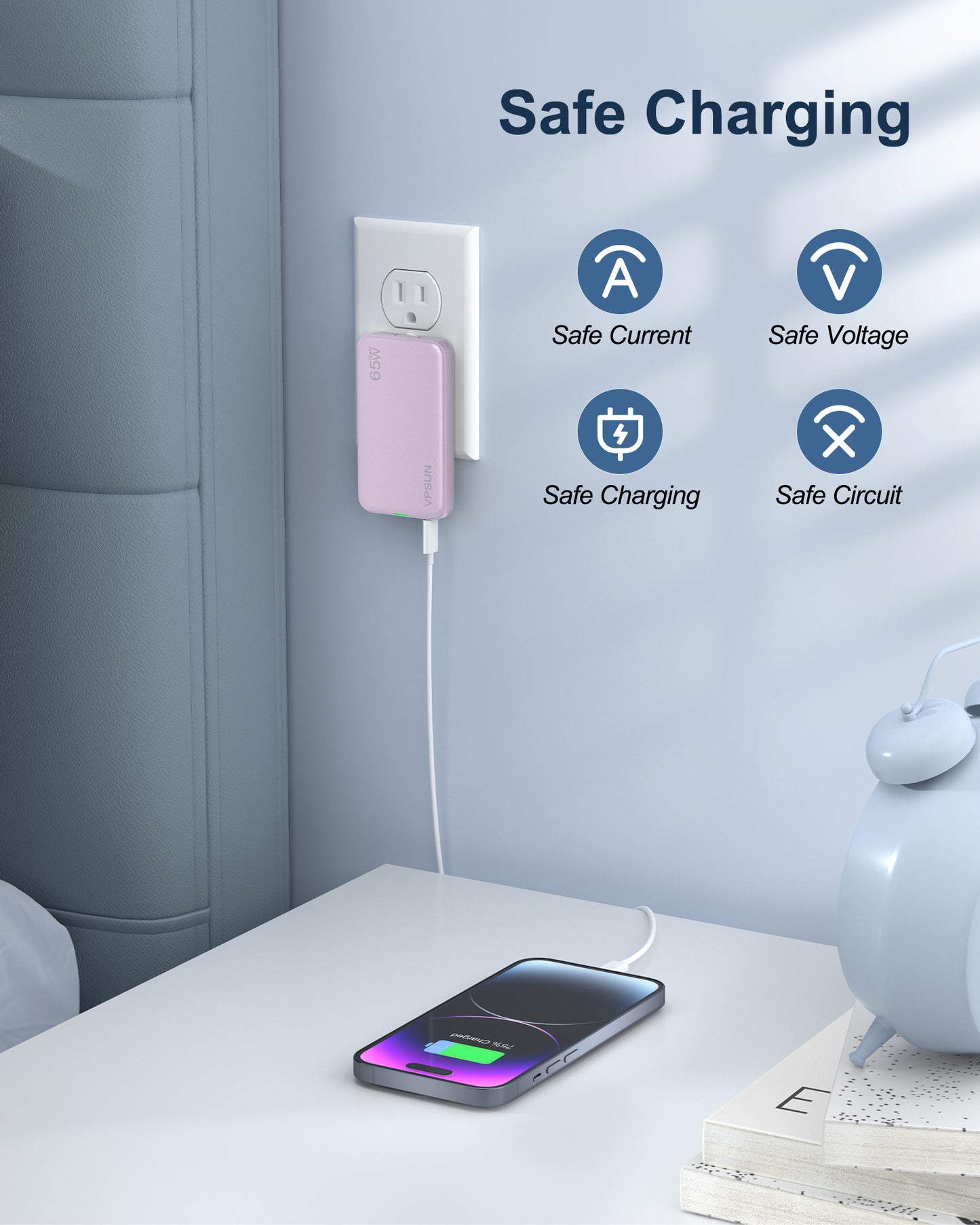 VPSUN 65W GaN Flat USB Wall Charger Block - 3 Port Foldable USB Charging Charger