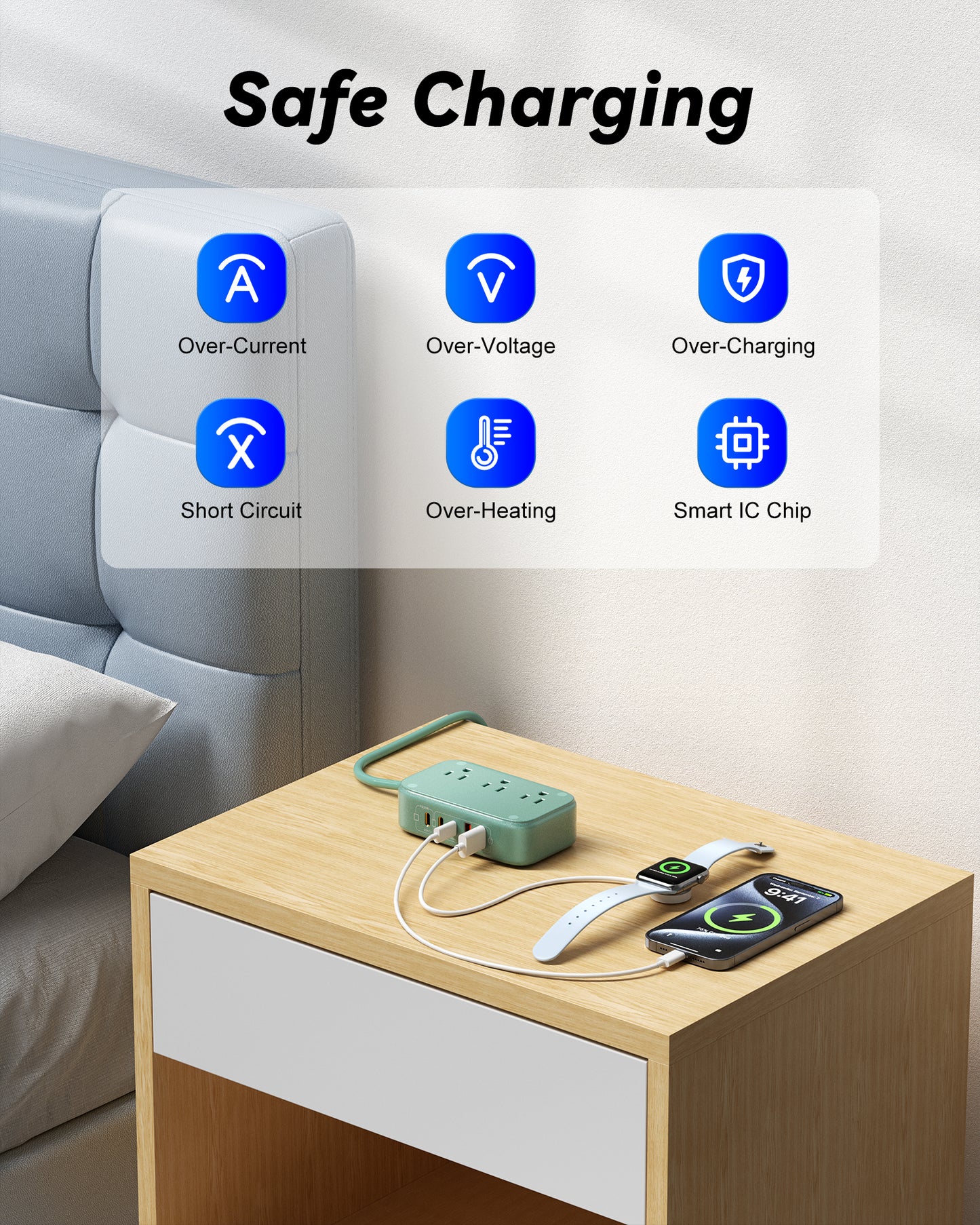 3 Outlet Power Strip with 3 USB-C and 6 USB-A Ports 1.5m Cable ABS Safety Design for Home