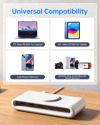 VPSUN 7-in-1 Magnetic Wireless USB Charger Station with PD 45 Fast Charging