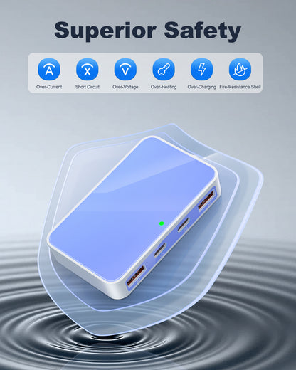 Flat USB Wall Charger, 4 USB-A Ports, Foldable Plug for Home & Travel