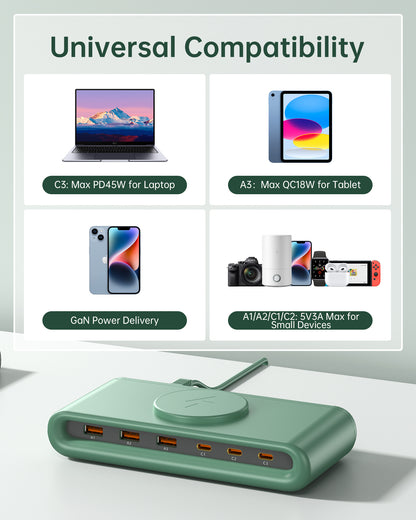 VPSUN 7-in-1 Magnetic Wireless USB Charger Station with PD 45 Fast Charging