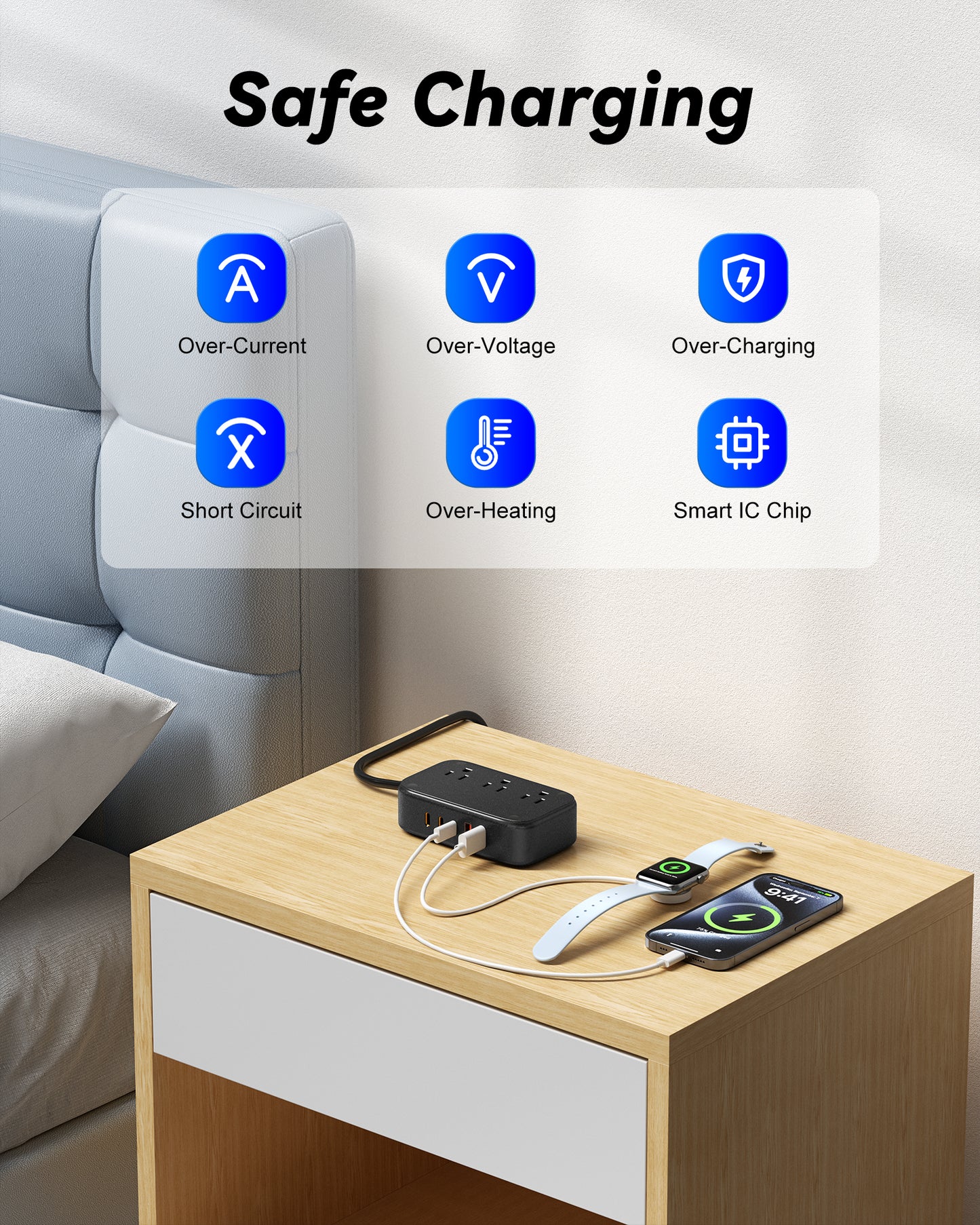3 Outlet Power Strip with 3 USB-C and 6 USB-A Ports 1.5m Cable ABS Safety Design for Home