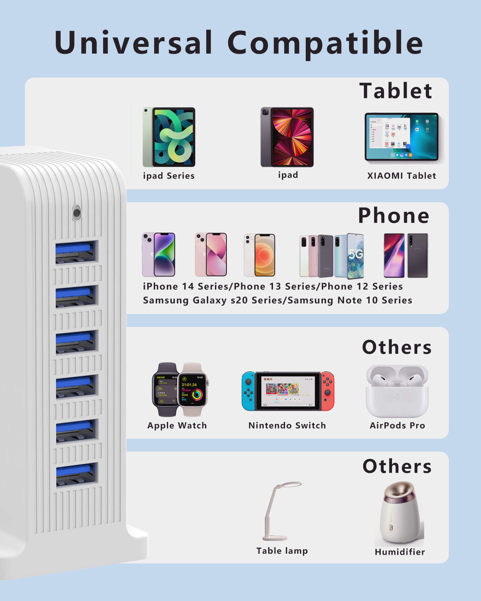 Universal Compatibility of VPSUN 6-Port USB Charging Station - Compatible with various tablets, phones, and other devices including iPads, iPhones, Samsung, and more