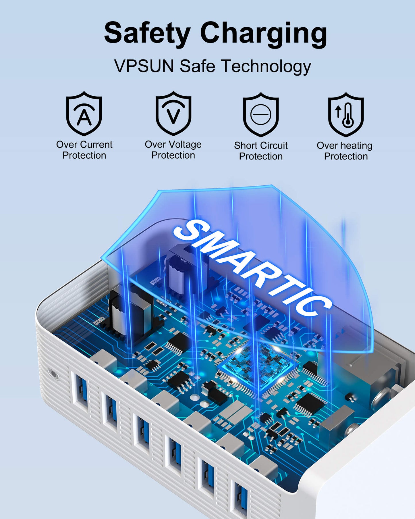 VPSUN USB Charging Station - Safety Features including Over Current, Over Voltage, Short Circuit, and Over Heating Protection with Smart IC Technology