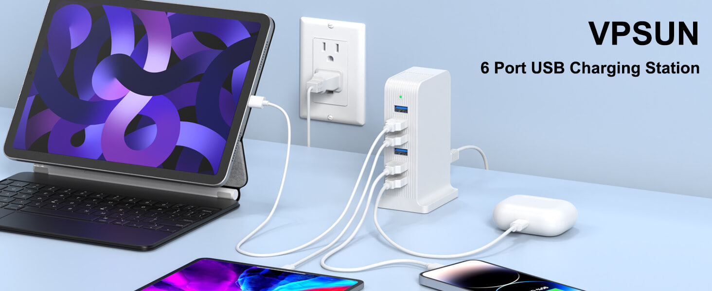 VPSUN USB Charging Station with 6 Ports - Efficiently charging a tablet, phone, and other devices at once. Ideal for desktop setup