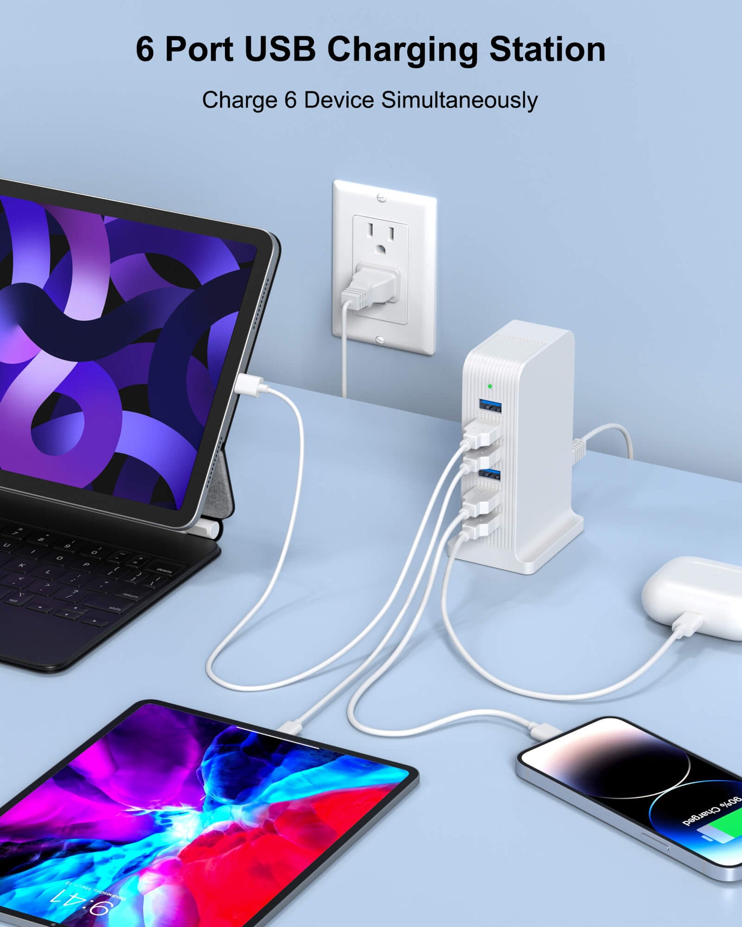 VPSUN 6-Port USB Charging Station - Charging multiple devices simultaneously. Perfect for home or office use, keeping your devices powered and organized