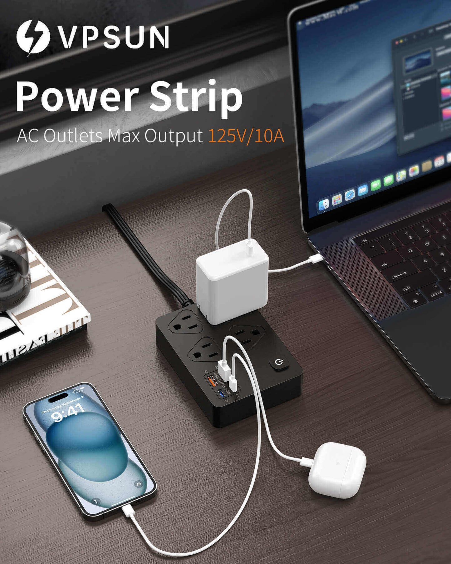 VPSUN 30W power strip charging a laptop and phone setup.