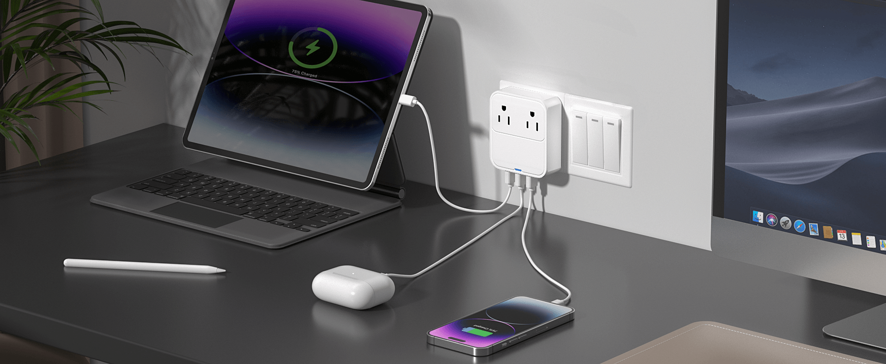 VPSUN 30W Power Strip charging a laptop, tablet, and smartphone simultaneously, providing a convenient and efficient charging solution for multiple devices.