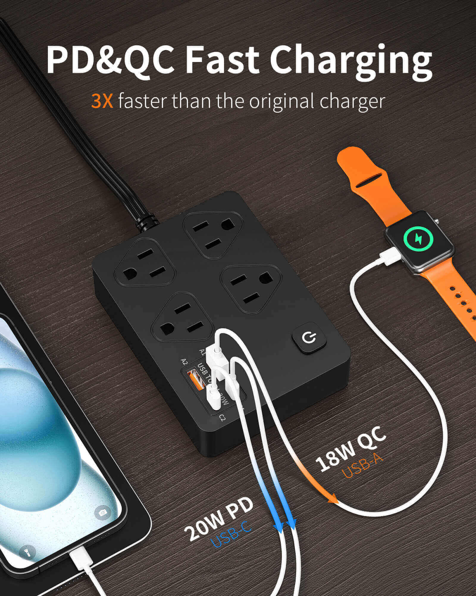 VPSUN 30W power strip with PD and QC fast charging.