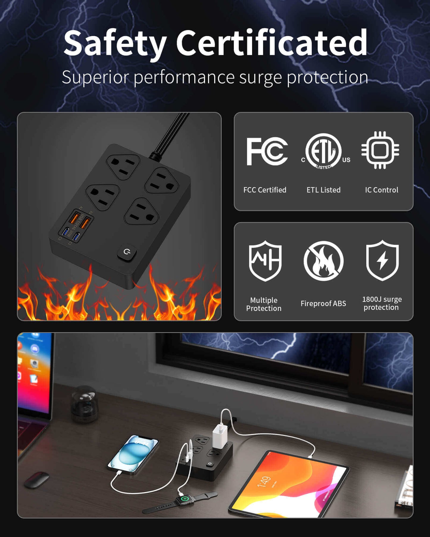 VPSUN 30W power strip with safety certified surge protection.