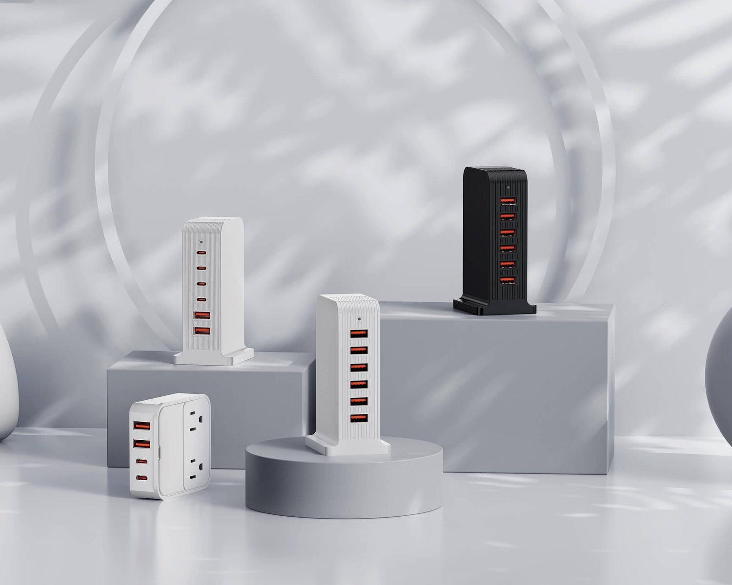 VPSUN 30W Power Strip, 50W USB Charging Station, and 55W USB-C Charging Station in a minimalist setup, showcasing versatile and powerful charging solutions for various devices.