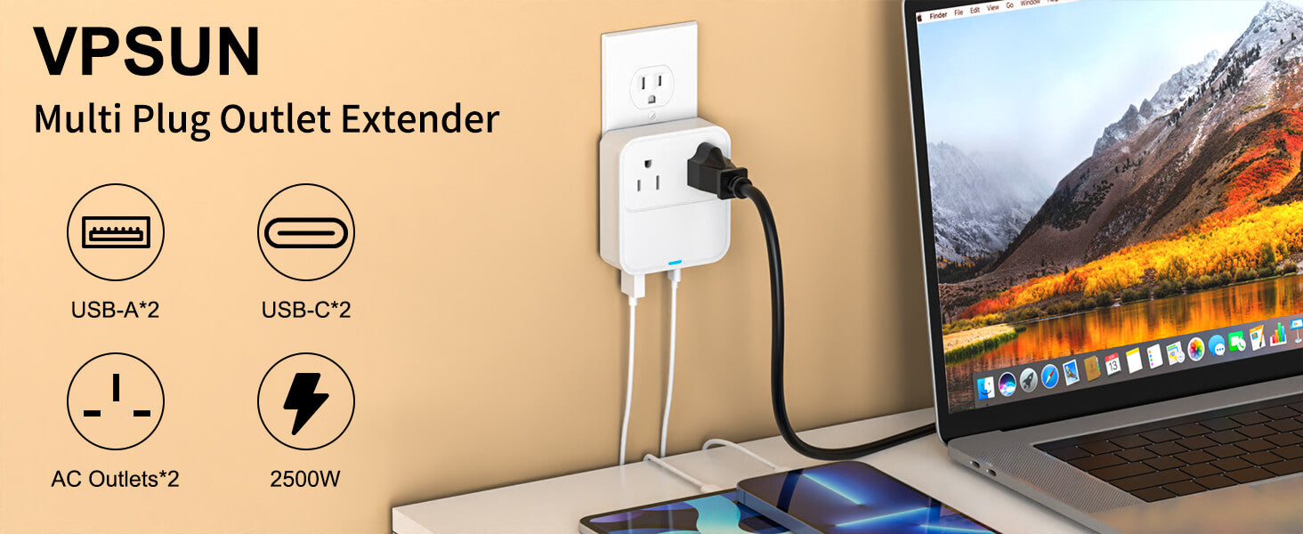 VPSUN Multi Plug Outlet Extender with USB-C Fast Charging, 2 AC outlets, 2 USB-A ports, and 2 USB-C ports, supporting 2500W power, white