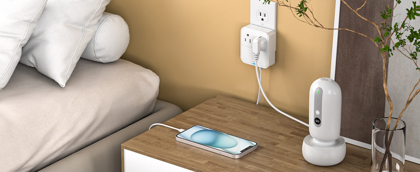 VPSUN 30W Multi Plug Outlet Extender with USB-C Fast Charging, used in a bedroom to charge a smartphone and other devices, white