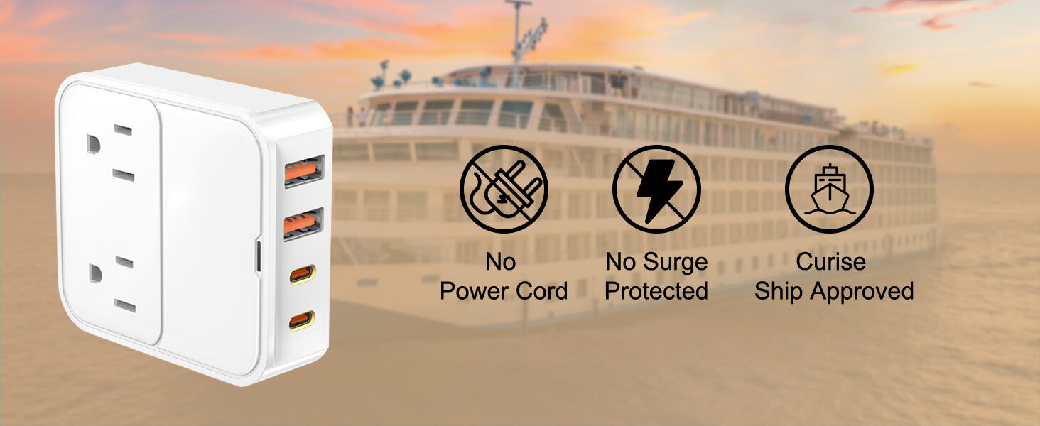 VPSUN 30W Multi Plug Outlet Extender with USB-C Fast Charging, cruise ship approved, no power cord, no surge protection, white