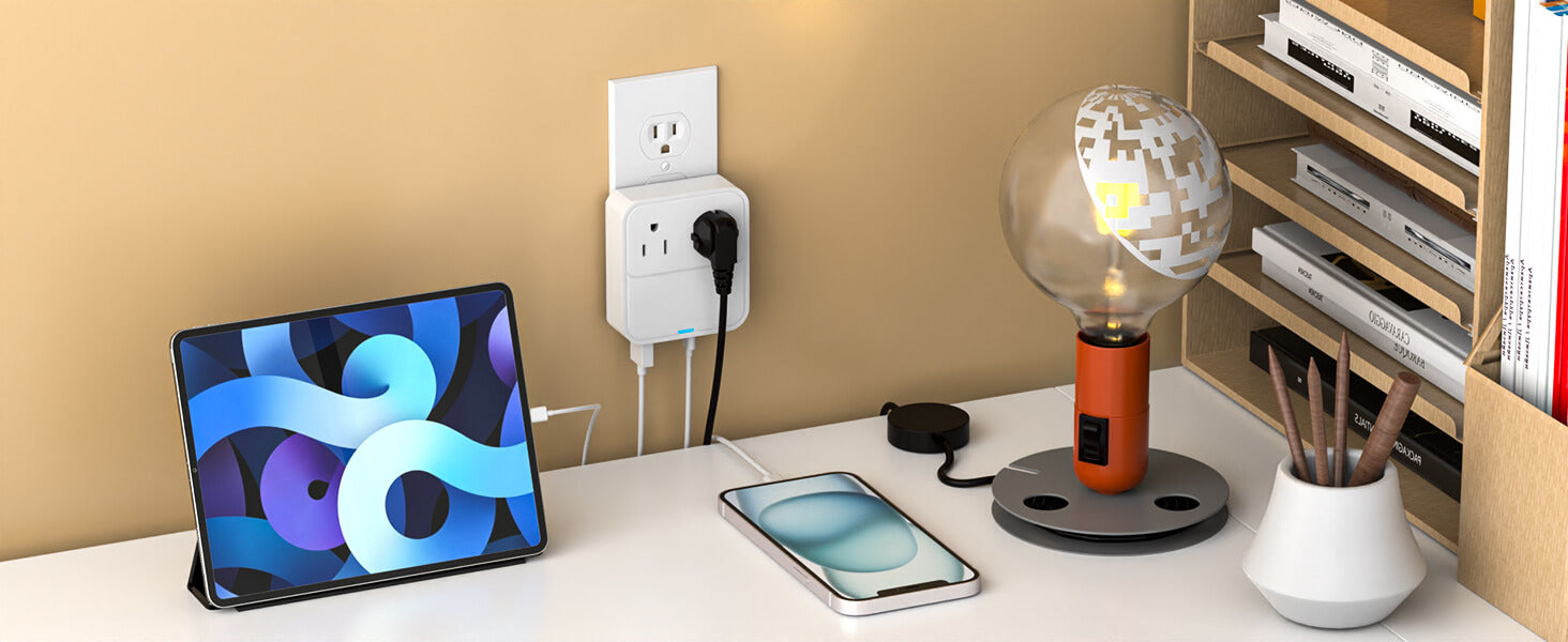 VPSUN 30W Multi Plug Outlet Extender with USB-C Fast Charging, used in an office setup to charge a tablet and smartphone, white