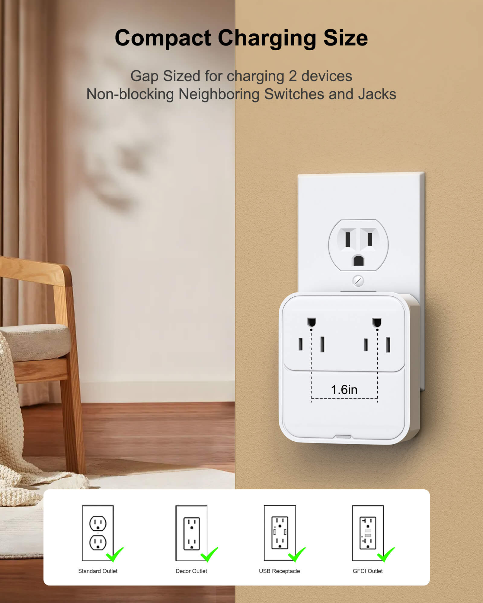 VPSUN 30W USB-C Power Strip with compact design, fits standard wall outlets without blocking neighboring switches or jacks