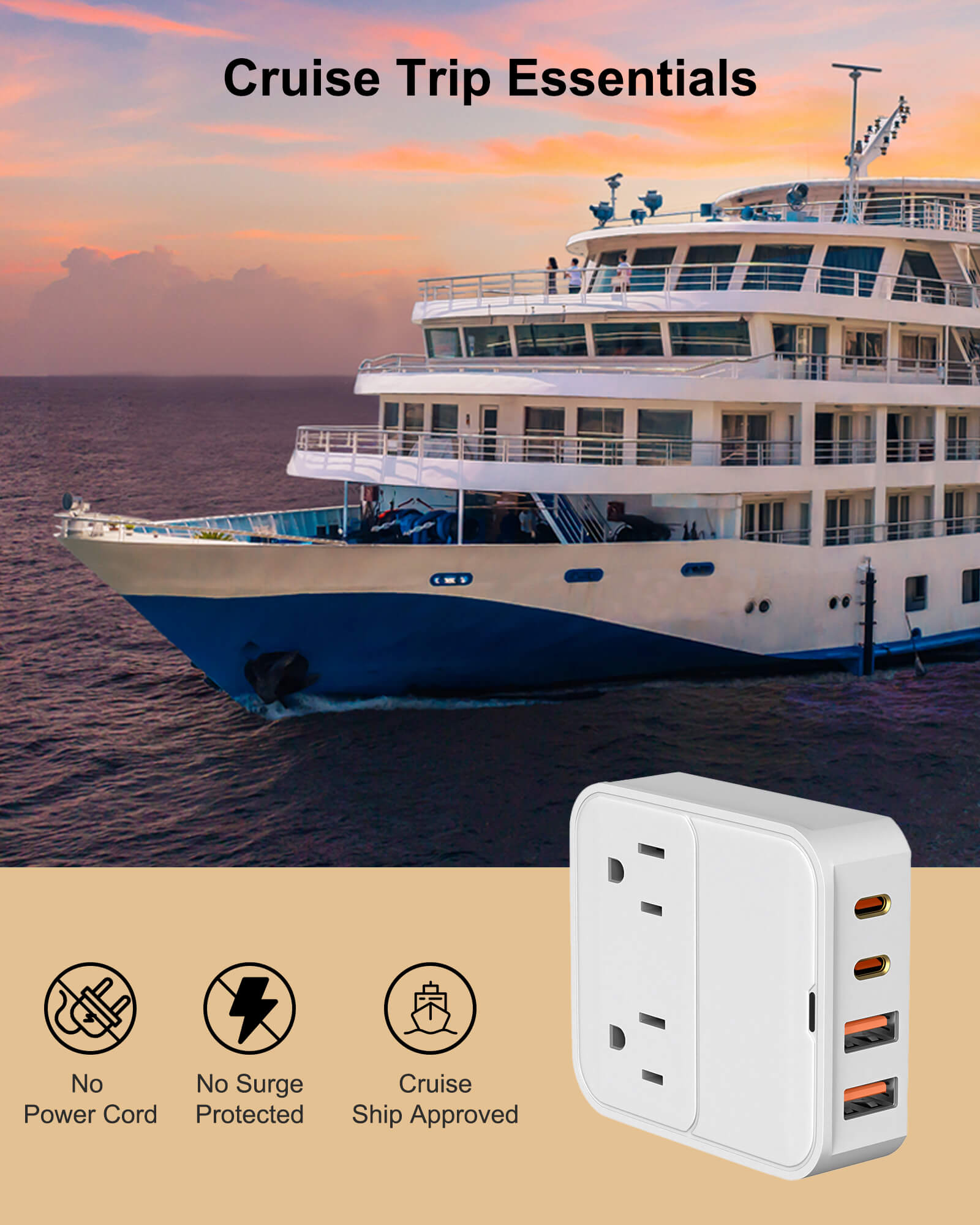 VPSUN 30W USB-C Power Strip, essential for cruise trips, featuring no power cord design and cruise ship approval