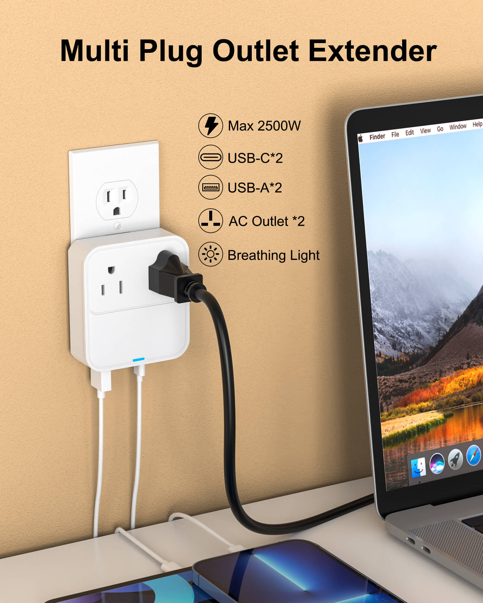 VPSUN 30W USB-C Power Strip multi-plug extender with 2 USB-C ports, 2 USB-A ports, and 2 AC outlets, perfect for home office use