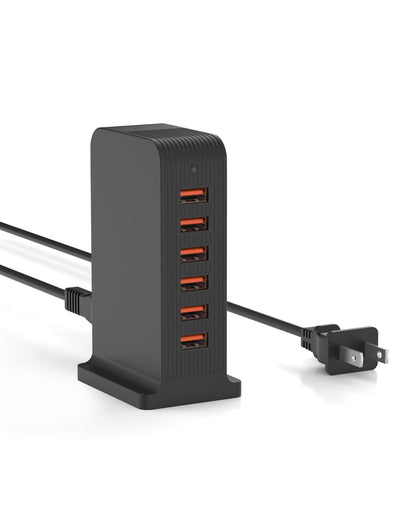 VPSUN 50W 6-Port USB Charging Station - Black model with compact design, ideal for charging multiple devices simultaneously