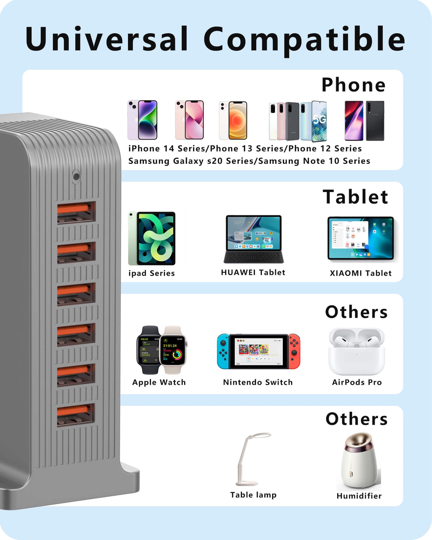 Universal Compatibility of VPSUN 6-Port USB Charging Station - Compatible with a range of devices including iPhones, tablets, smartwatches, AirPods, and more