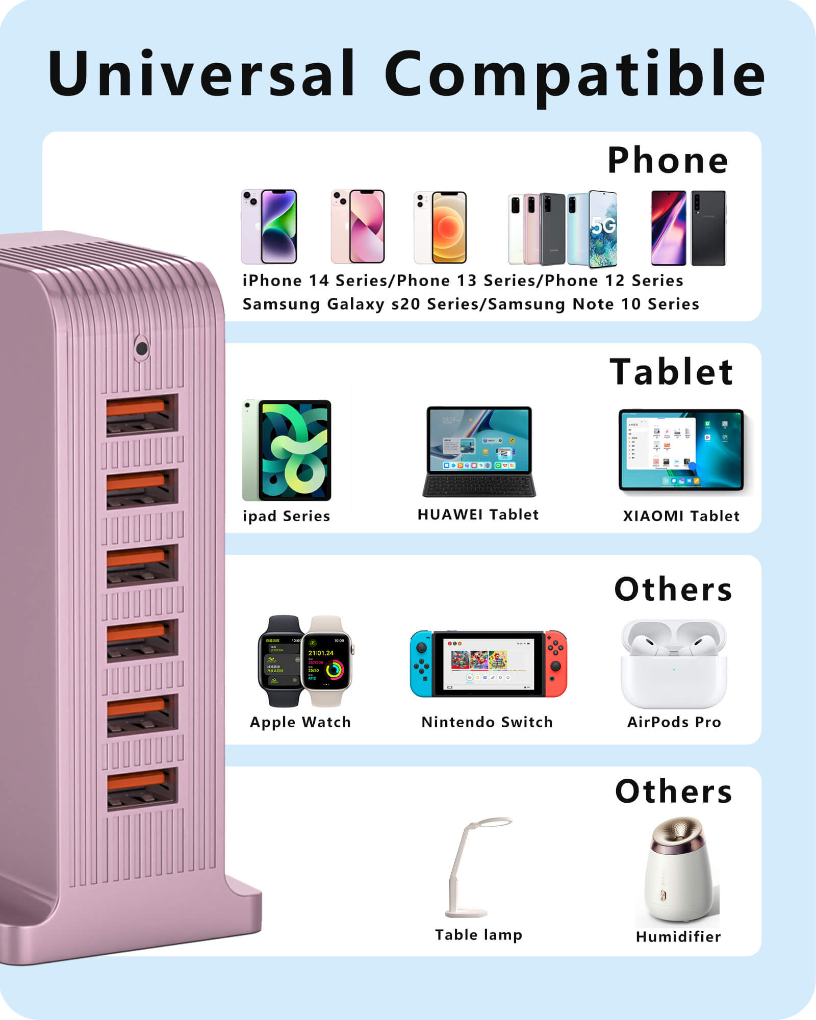 VPSUN 50W 6-Port USB Charging Station in rose pink, universally compatible with iPhone 14, 13, 12 series, Samsung Galaxy S20, Note 10 series, iPad Series, HUAWEI Tablet, XIAOMI Tablet, Apple Watch, Nintendo Switch, AirPods Pro, Table lamp, Humidifier.