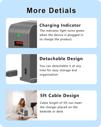 VPSUN USB Charging Station - Detailed Features. Includes charging indicator, detachable design, and 5ft cable length for convenient usage