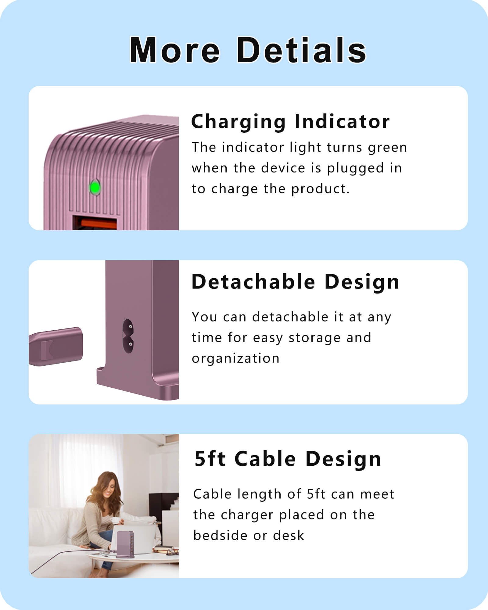 VPSUN 50W 6-Port USB Charging Station in rose pink featuring charging indicator, detachable design for easy storage, and 5ft cable for convenient bedside or desk placement.