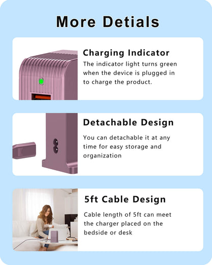 VPSUN 50W 6-Port USB Charging Station in rose pink featuring charging indicator, detachable design for easy storage, and 5ft cable for convenient bedside or desk placement.