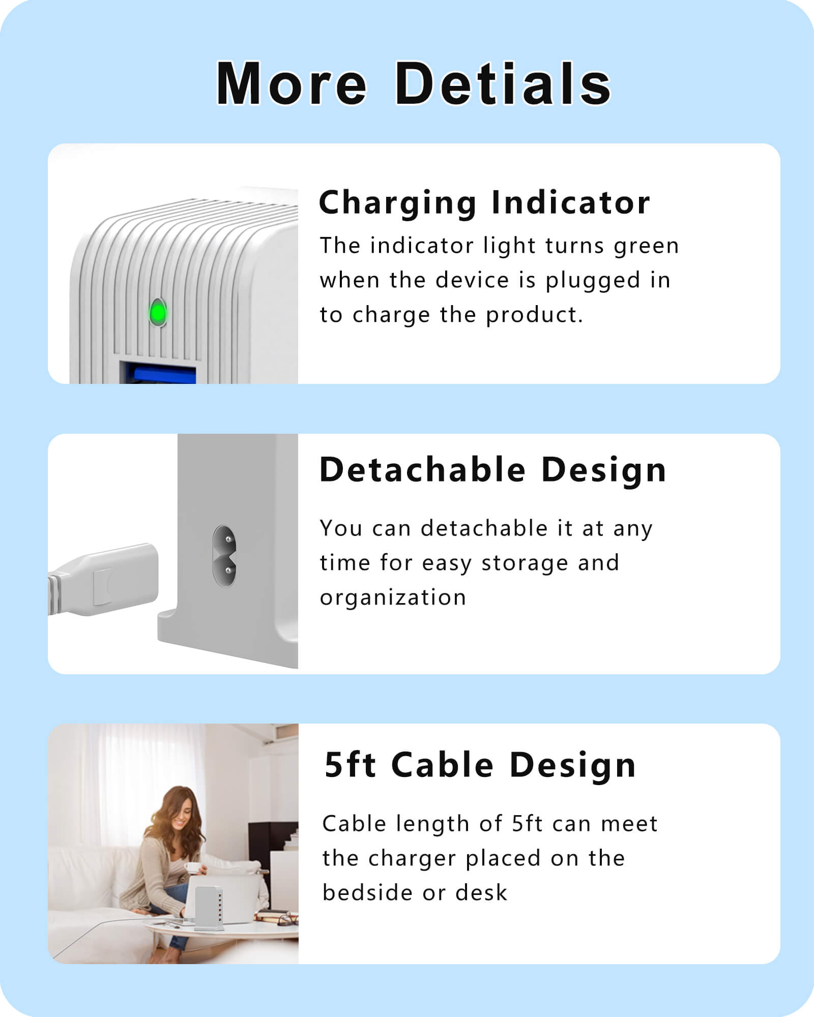 VPSUN 50W 6-Port USB Charging Station with charging indicator, detachable design for easy storage, and 5ft cable for convenient bedside or desk placement