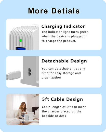 VPSUN 50W 6-Port USB Charging Station with charging indicator, detachable design for easy storage, and 5ft cable for convenient bedside or desk placement