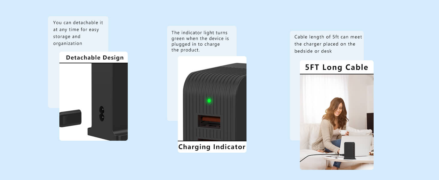 VPSUN 50W USB Charging Station - Key Features including charging indicator, detachable design, and long cable for easy use and organization