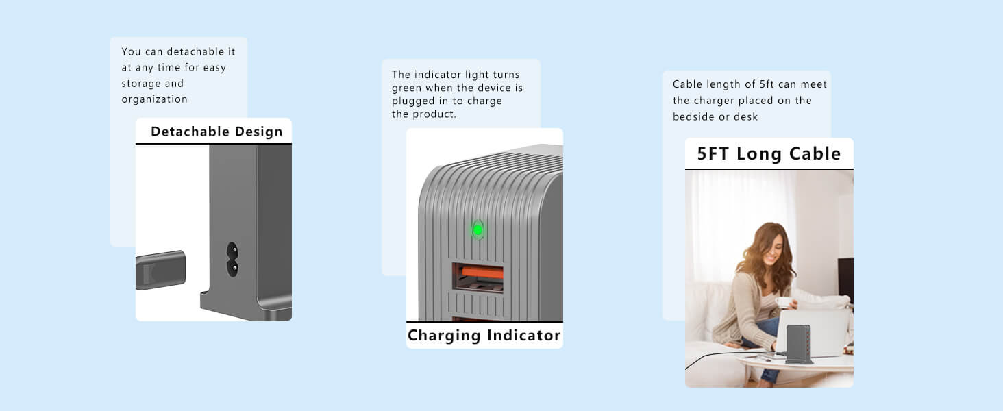 VPSUN 50W USB Charging Station - Key features including charging indicator, detachable design, and 5ft long cable for convenient use and storage