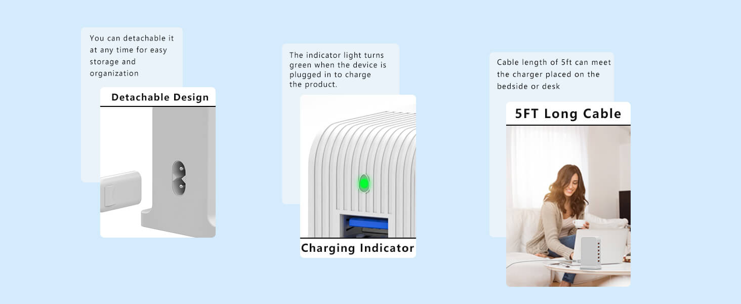 VPSUN 50W 6-Port USB Charging Station featuring detachable design for easy storage, charging indicator light, and 5ft long cable for convenient use on bedside or desk