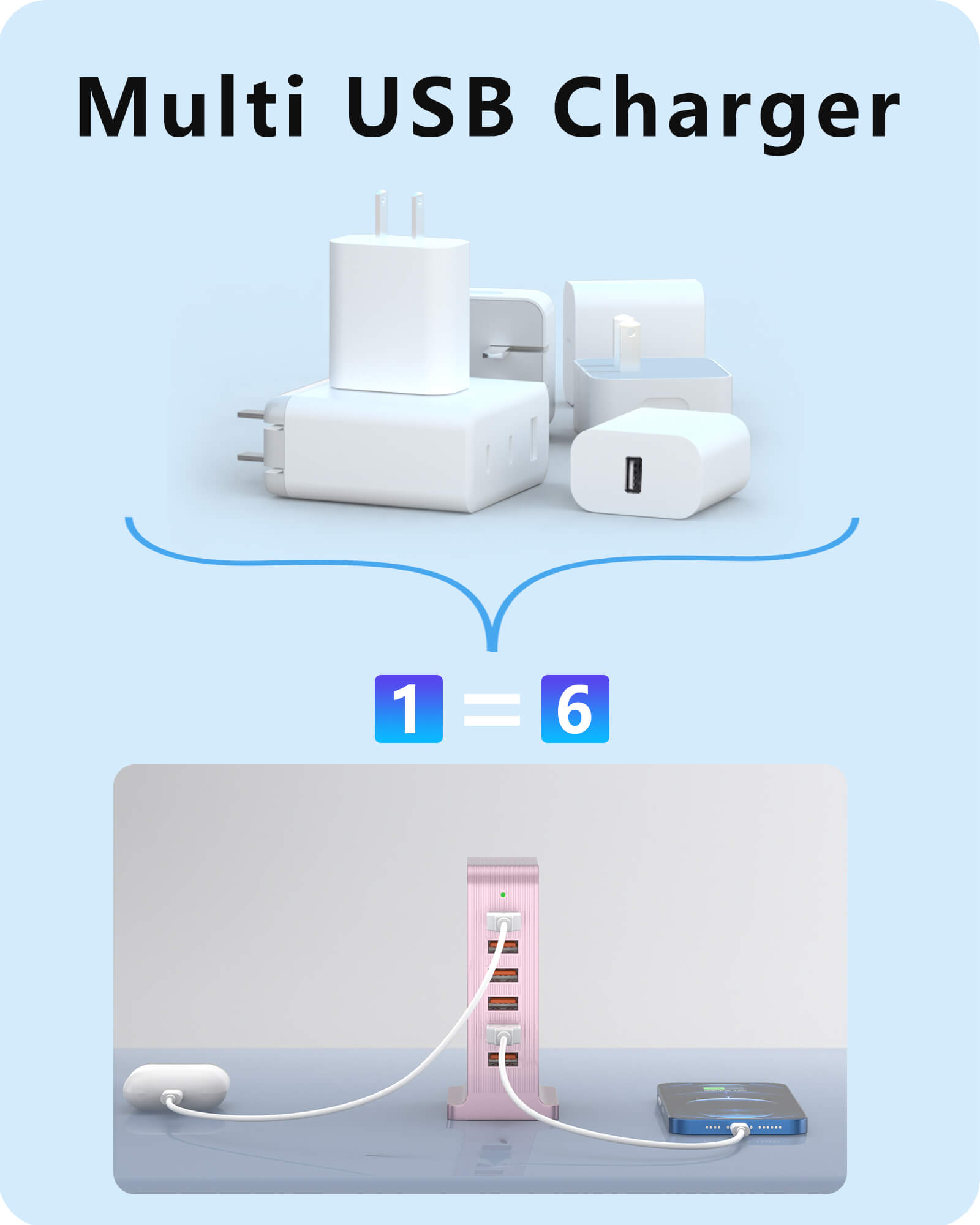 VPSUN 50W 6-Port USB Charging Station in rose pink, replacing multiple chargers, offering a compact and efficient solution for charging up to six devices simultaneously.