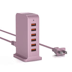 VPSUN 50W 6-Port USB Charging Station in rose pink, compact design with detachable power cable.