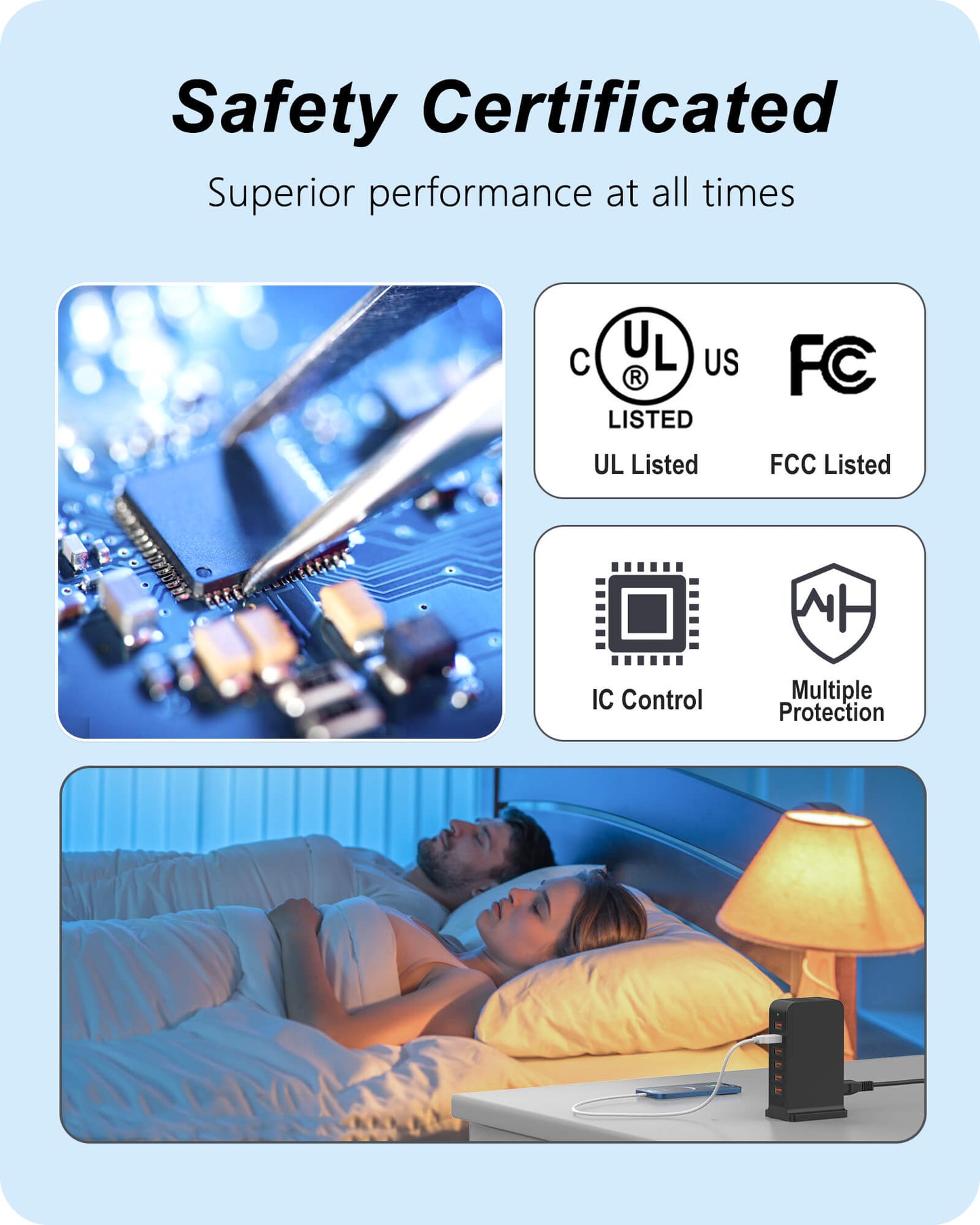 VPSUN 50W 6-Port USB Charging Station - Safety Certified with UL and FCC Listings, IC Control, and Multiple Protection for superior performance