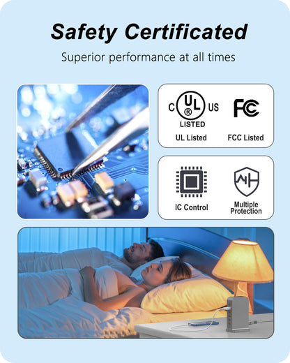 VPSUN 50W 6-Port USB Charging Station with UL, FCC, and IC certifications, providing multiple protection and superior performance, suitable for safe use in bedrooms