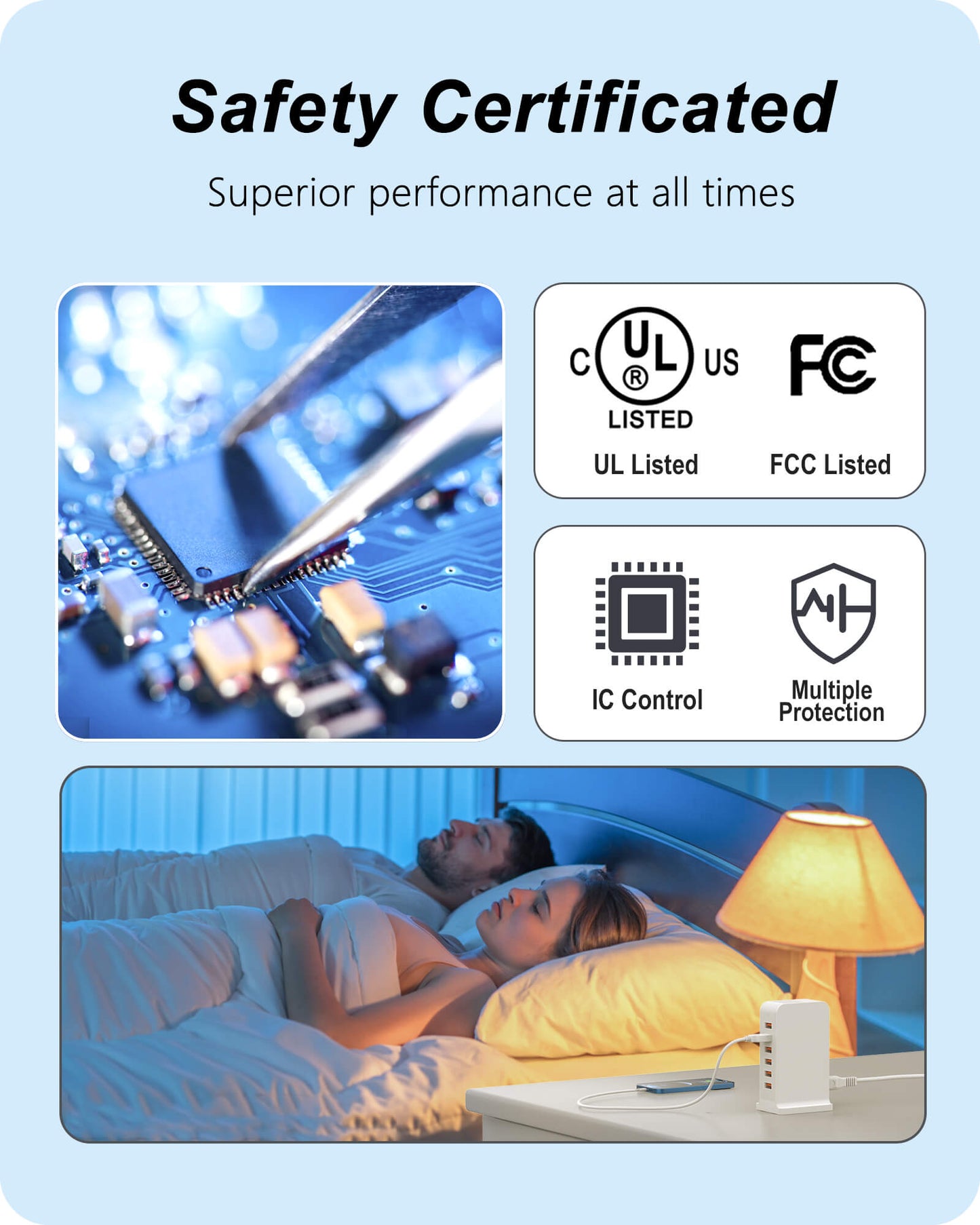 VPSUN 50W 6-Port USB Charging Station with UL and FCC certifications, featuring IC control and multiple protection for superior performance and safety